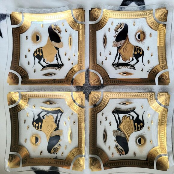 Vintage Fred Press Trojan Horse Divided Bent Glass Tray 15” Gold/ Black Vtg Mid